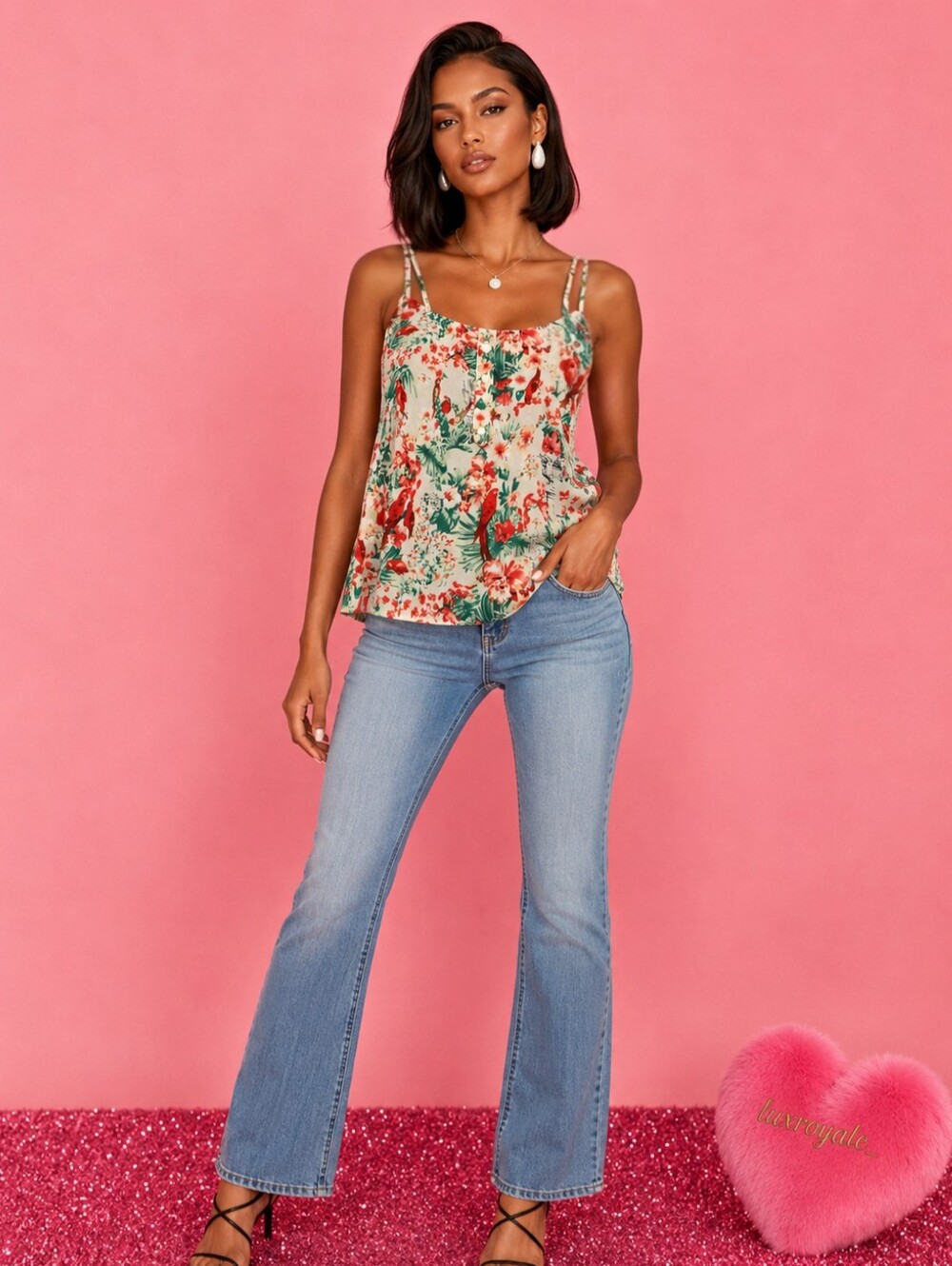Nordstrom | Tropical Bird Floral Button Detail Strappy Cami Top |